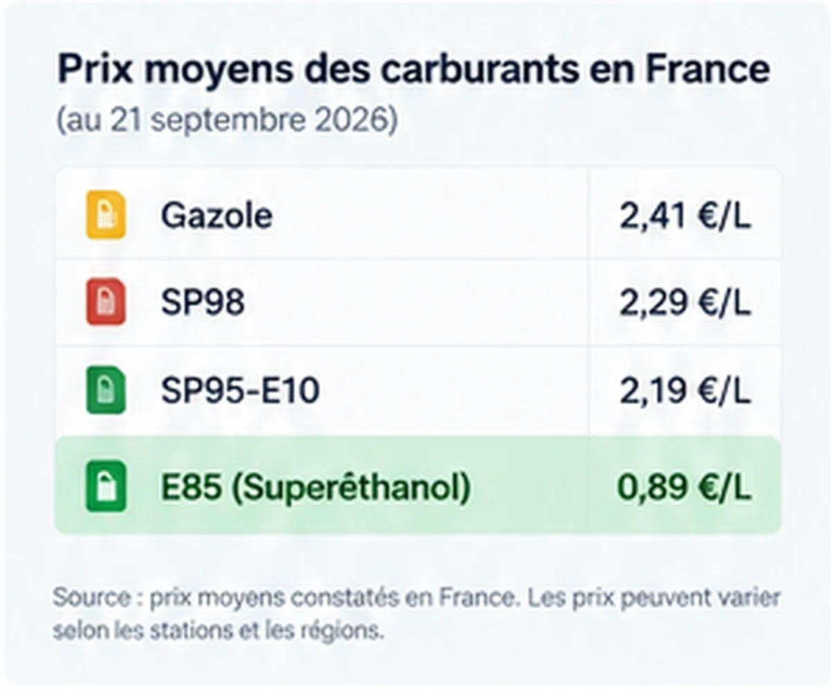 Comparatif du prix de l'E85 et des carburants essence en septembre 2026